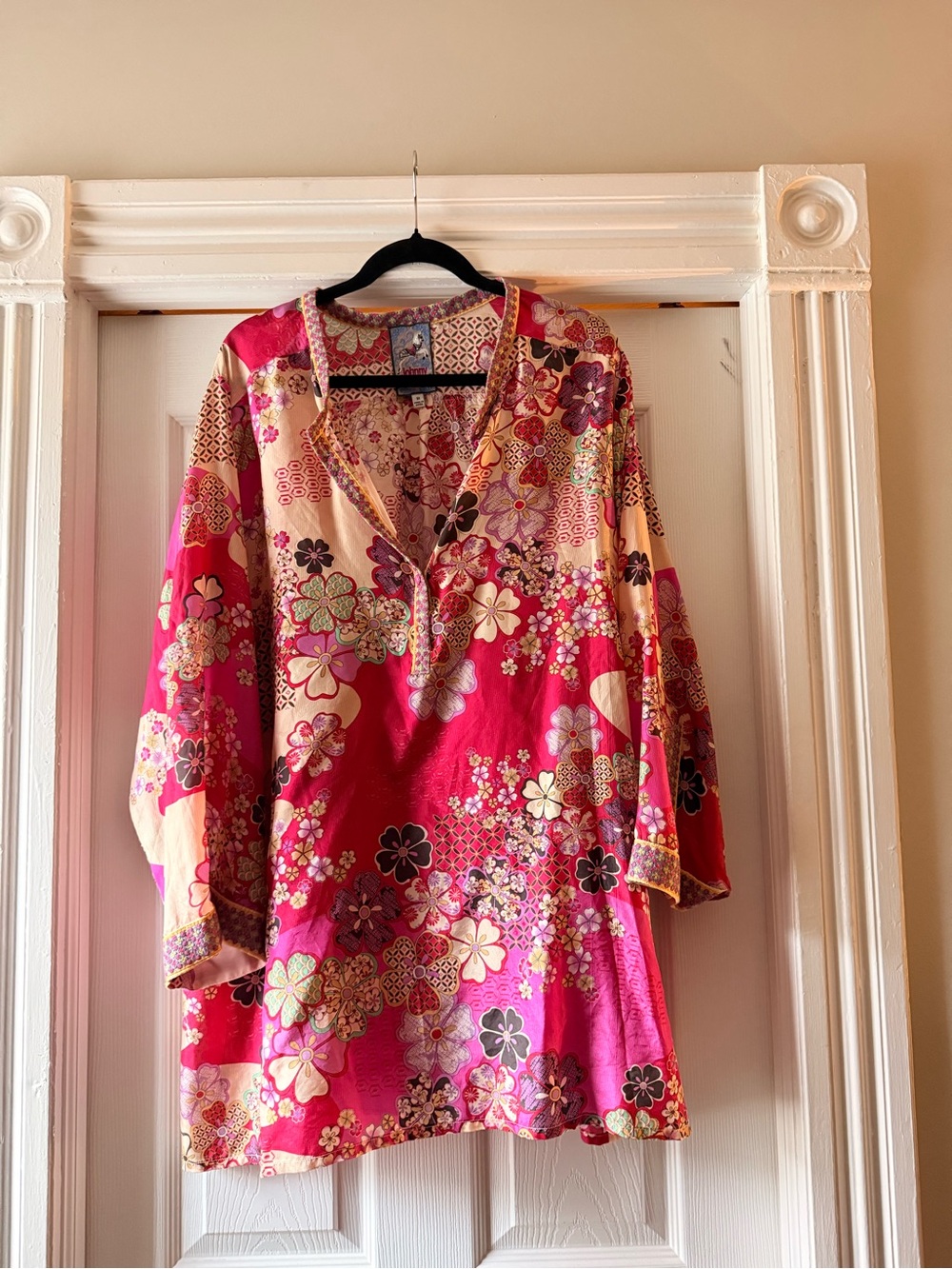 Johnny Was Pink Floral Tunic with Cream Accents